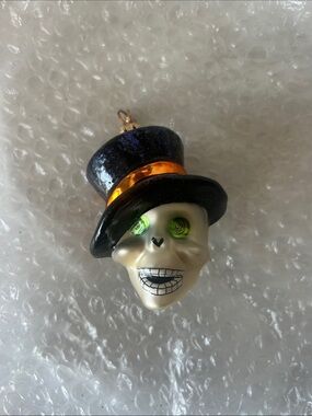 Christopher Radko Skull with Top Hat Halloween Ornament - Black, Orange, Green